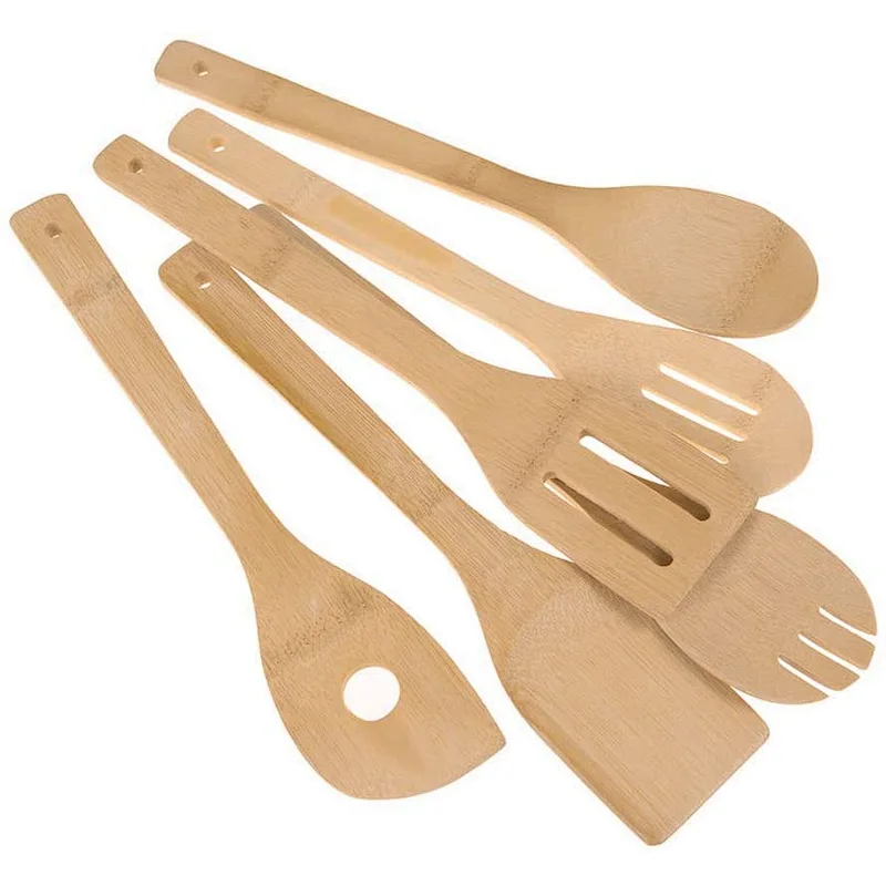 6 Pieces Bamboo Wooden Kitchen Cooking Utensils Set, Wooden Cooking Utensil Sets Easy to Clean Bamboo Wooden Solid Turner