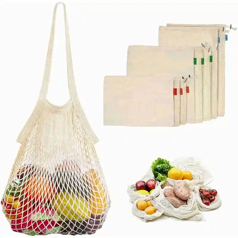 9 Pack Reusable Produce Bags,Organic Natural Cotton Mesh Storage Bags for Grocery Vegetables Fruits,Reusable Durable Grocery Shopping Storage Bags,Eco Friendly & Washable