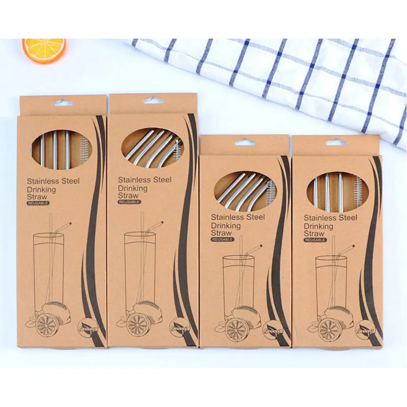 Stainless steel straw set, 4pcs curved straws with brush