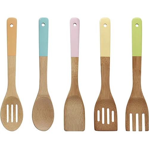 Kitchen Utensil Set, Pastel Handles 5 Piece, Bamboo, Multi/Coloured