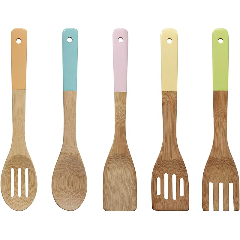 Kitchen Utensil Set, Pastel Handles 5 Piece, Bamboo, Multi/Coloured