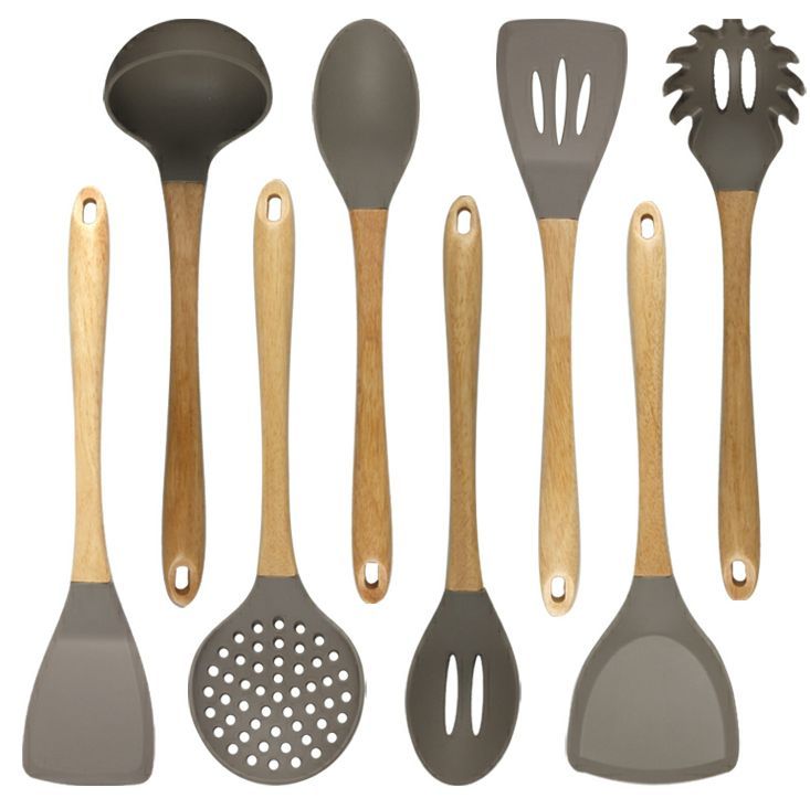 8 Pieces Silicon Kitchen Cooking Utensils Set, Wooden handle