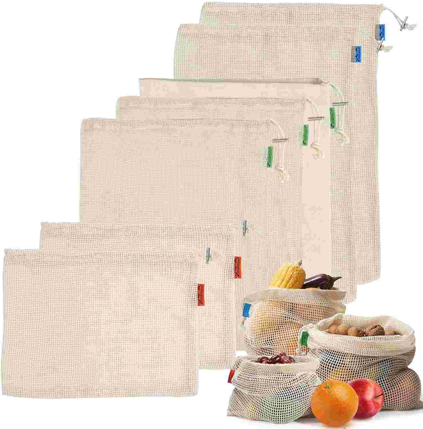 7 Pack Reusable Produce Bags,Organic Natural Cotton Mesh Storage Bags for Grocery Vegetables Fruits,Reusable Durable Grocery Shopping Storage Bags,Eco Friendly & Washable