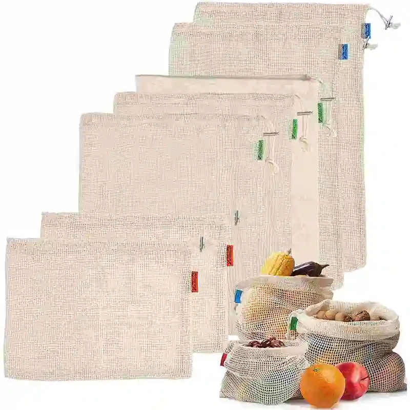 7 Pack Reusable Produce Bags,Organic Natural Cotton Mesh Storage Bags for Grocery Vegetables Fruits,Reusable Durable Grocery Shopping Storage Bags,Eco Friendly & Washable