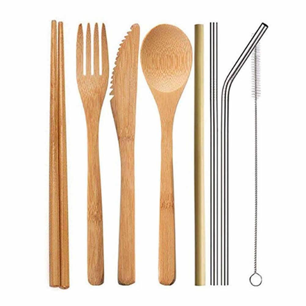 Bamboo Cutlery Flatware Set,Bamboo Travel Utensils Reusable Cutlery Set Include Knife Fork Spoon Chopsticks Straws