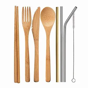 Bamboo Cutlery Flatware Set,Bamboo Travel Utensils Reusable Cutlery Set Include Knife Fork Spoon Chopsticks Straws