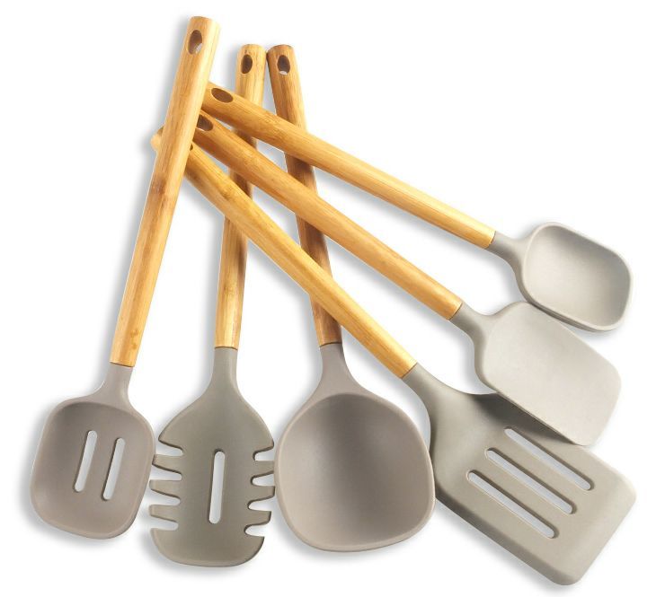 6 pieces Silicone Kitchen Utensils set, bamboo handle