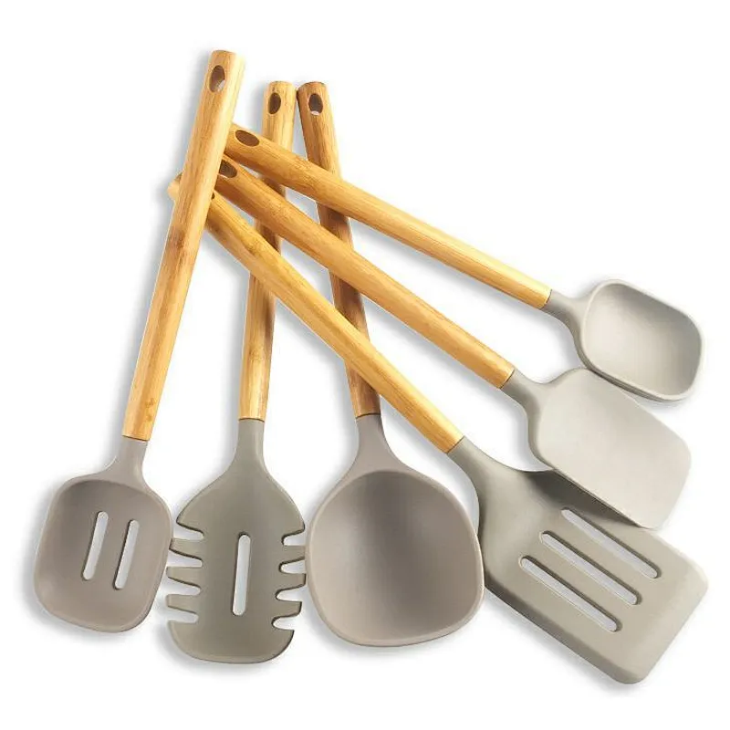 6 pieces Silicone Kitchen Utensils set, bamboo handle