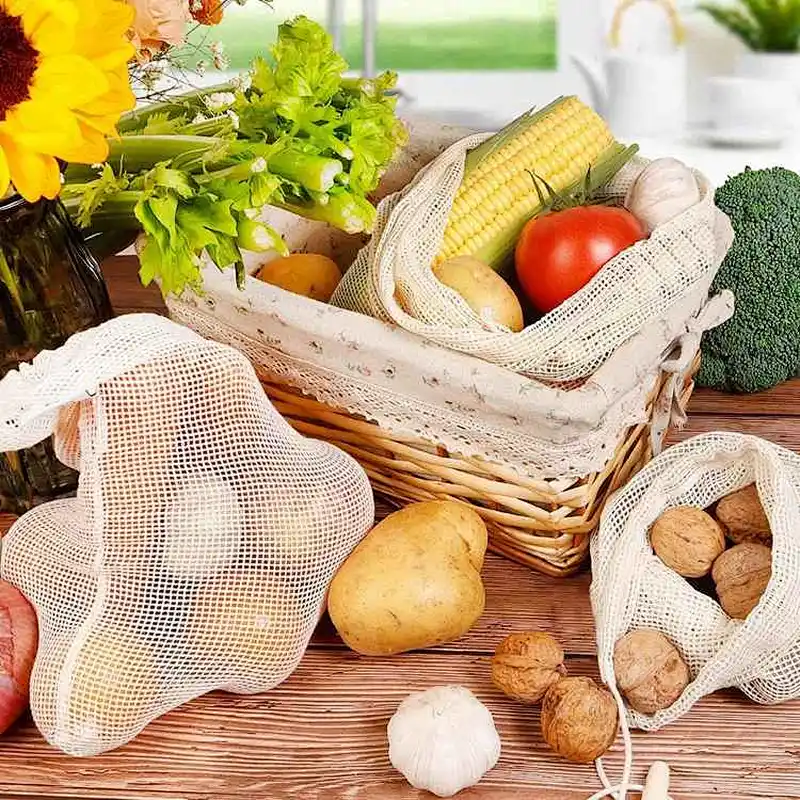 7 Pack Reusable Produce Bags,Organic Natural Cotton Mesh Storage Bags for Grocery Vegetables Fruits,Reusable Durable Grocery Shopping Storage Bags,Eco Friendly & Washable