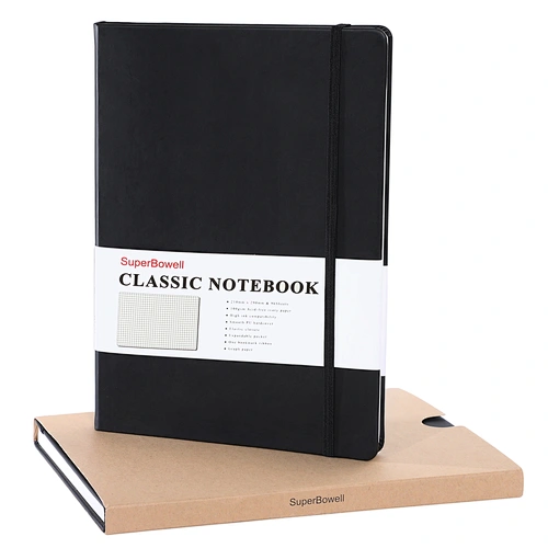 Super Bowell A4 Classic Graph Paper Notebook,X-Large Journal 8.5x11.6 Inches,PU Leather Bound Notebook Hardcover ,100GSM Graph Grid Paper,192Pages 8.26"*11.41" (Squared, Black)