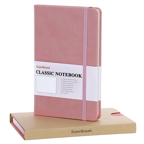 SuperBowell A5 Hardcover Executive Notebook with Premium PU Leather, College Ruled / Lined Journal,Elastic Band and Expandable Pocket,5.23 x 8.38 Inches,100GSM Thick Paper,192 Pages. (Ruled,Pink)