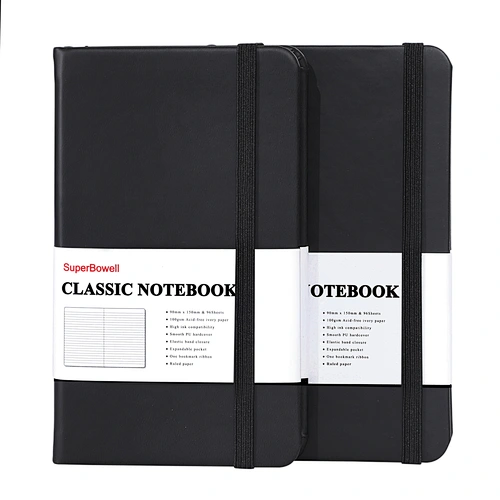 SuperBowell A6 Small Hardcover Notebook,2 packs Pocket Journal,Elastic Closure,One Bookmark,Expandable Pocket,Ruled Journal Black,100gsm Thick Paper,192 Pages,3.7" X 6.1".(Ruled,Black)