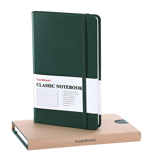SuperBowell A5 Hardcover Executive Notebook with Premium PU Leather, College Ruled / Lined Journal,Elastic Band and Expandable Pocket,5.23 x 8.38 Inches, 100GSM Thick Paper ,192 Pages.(Ruled,Green)