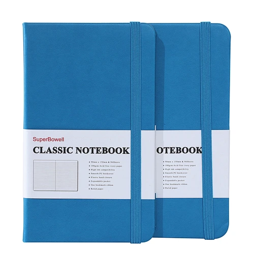 SuperBowell A6 Small Notebook,2 Packs Pocket Journal,Hardcover PU,Elastic Band,One Bookmark,Expandable Pocket,College Lined Journal,100gsm Ink-Proof Thick Paper,192 Pages,3.66" X 6.14".(Ruled,Blue)