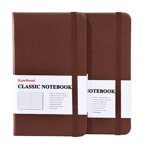 SuperBowell A6 Small Notebook,2 Packs Pocket Journal,Hardcover PU,Elastic Band,One Bookmark,Expandable Pocket,College Lined Journal,100gsm Ink-Proof Thick Paper,192 Pages,3.66" X 6.14".(Ruled,Brown)