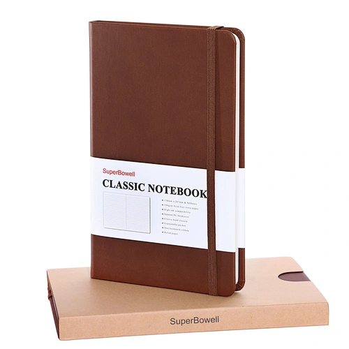 SuperBowell A5 Hardcover Executive Notebook with Premium PU Leather, College Ruled / Lined Journal,Elastic Band and Expandable Pocket,5.23 x 8.38 Inches,100GSM Thick Paper ,192 Pages. (Ruled,Brown)