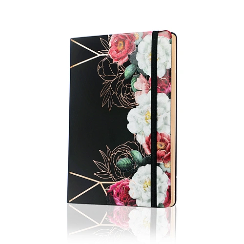 SuperBowell Floral Journal Notebook,Perfect Journals For Women,A5 Journal College Ruled,PU Leather,Rose Gold Edges,100gsm Thick Lined Paper,5.6”X8.1”,192 Pages(Black)
