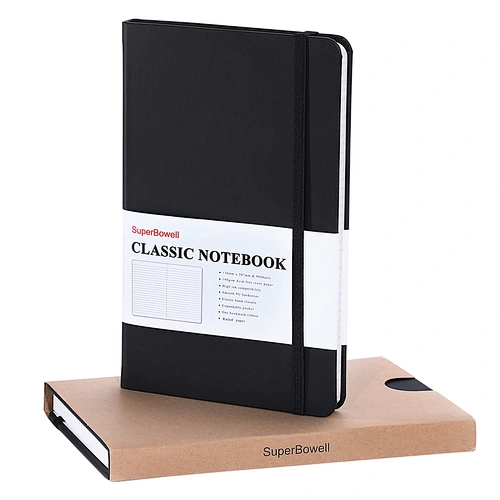 SuperBowell A5 Hardcover Executive Notebook with Premium PU Leather, College Ruled / Lined Journal,Elastic Band and Expandable Pocket,5.23 x 8.38 Inches, 100GSM Thick Paper ,192 Pages. (Ruled,Black)