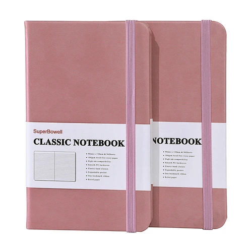 SuperBowell A6 Small Hardcover Notebook,2 packs Pocket Journal,Elastic Closure,One Bookmark,Expandable Pocket,Ruled Journal Pink,100gsm Ink-Proof Thick Paper,192 Pages,3.66" X 6.14".(Ruled,Pink)