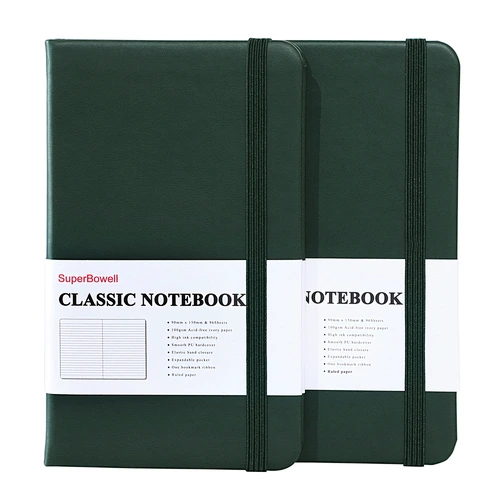 SuperBowell A6 Small Notebook,2 Packs Pocket Journal,Hardcover PU,Elastic Band,One Bookmark,Expandable Pocket,College Lined Journal,100gsm Ink Proof Thick Paper,192 Pages,3.66" X 6.14".(Ruled,Green)