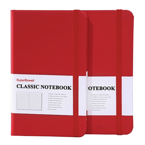SuperBowell A6 Small Notebook,2 Packs Pocket Journal,Hardcover PU,Elastic Band,One Bookmark,Expandable Pocket,College Lined Journal,100gsm Ink-Proof Thick Paper,192 Pages,3.66" X 6.14".(Ruled,Red)