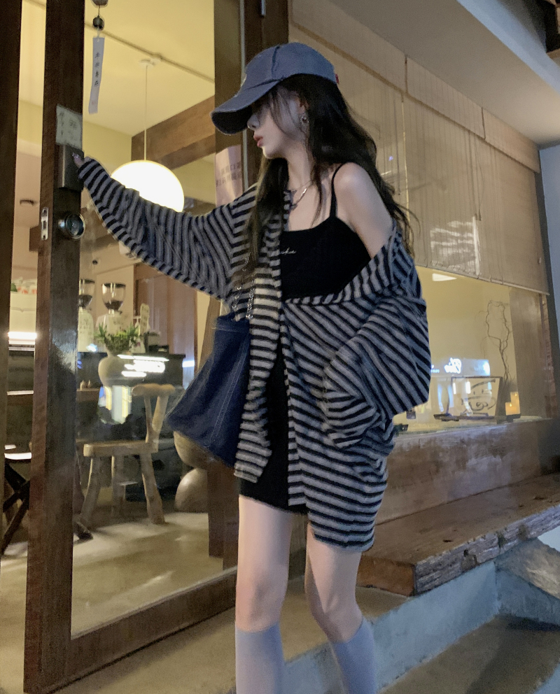 Lazy striped long-sleeved sunscreen knitted cardigan women's niche loose all-match mid-length top dress