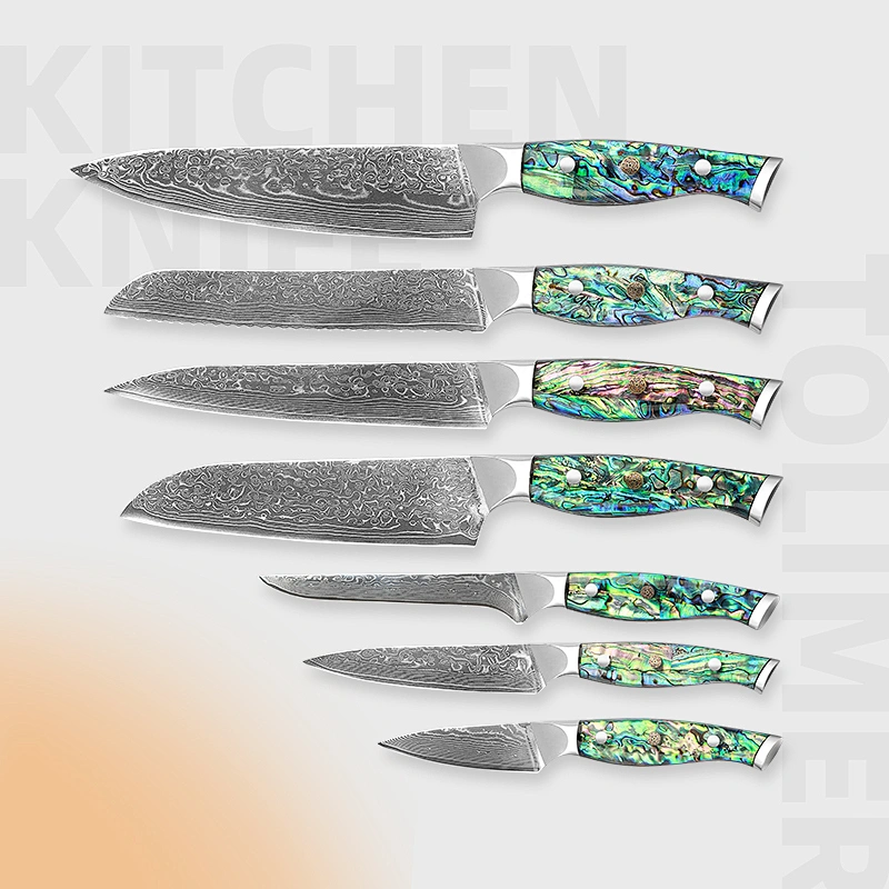 7pcs damascus knives set with resin and abalone shell handle