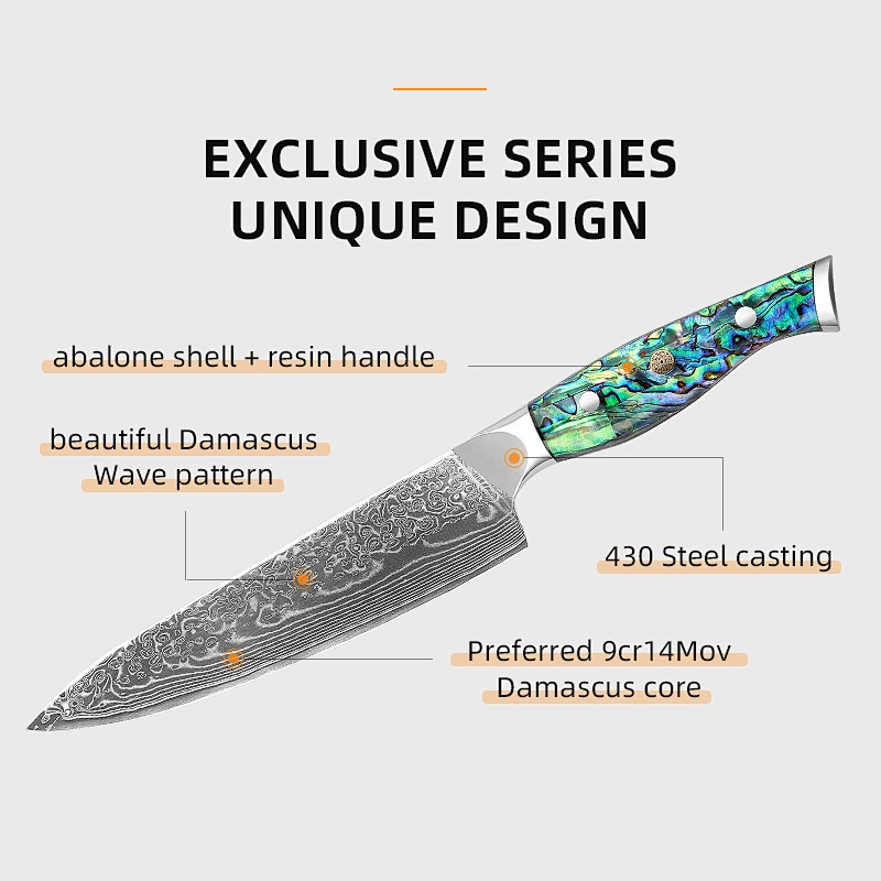 7pcs damascus knives set with resin and abalone shell handle