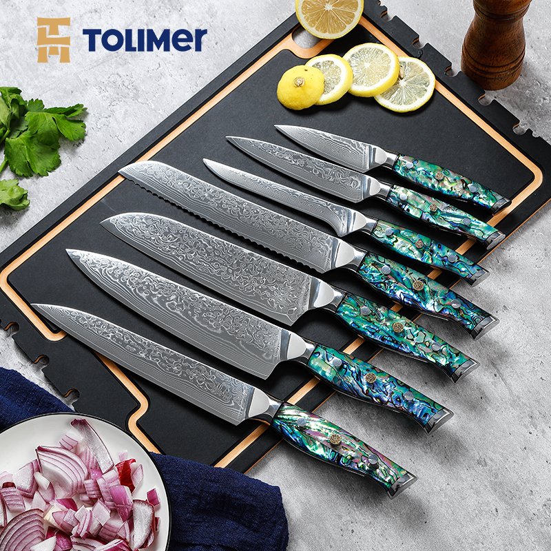7pcs damascus knives set with resin and abalone shell handle