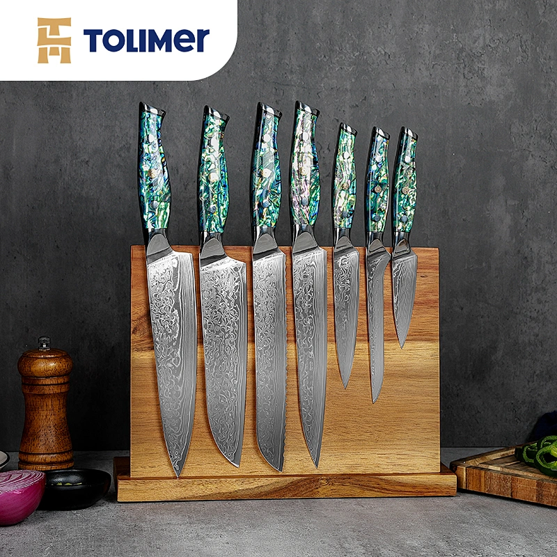 7pcs damascus knives set with resin and abalone shell handle