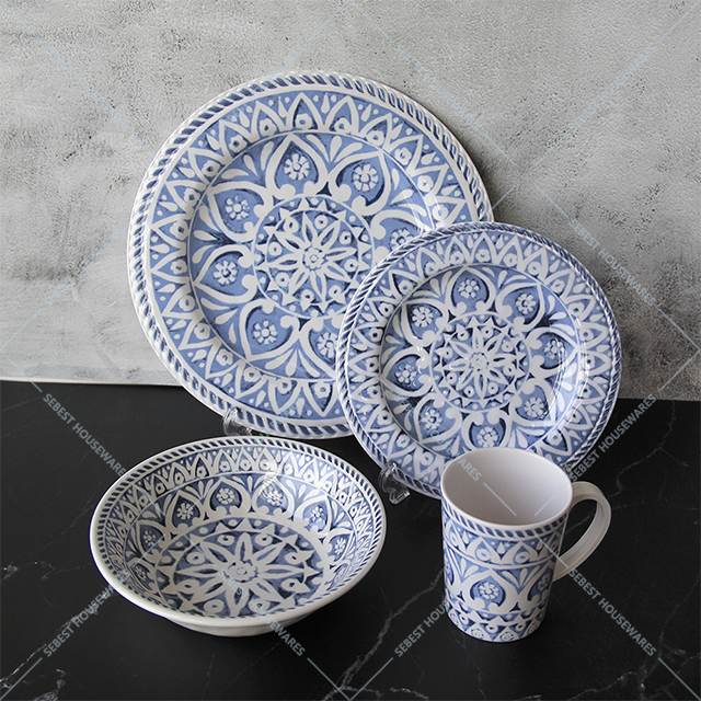 blue and white melamine plates