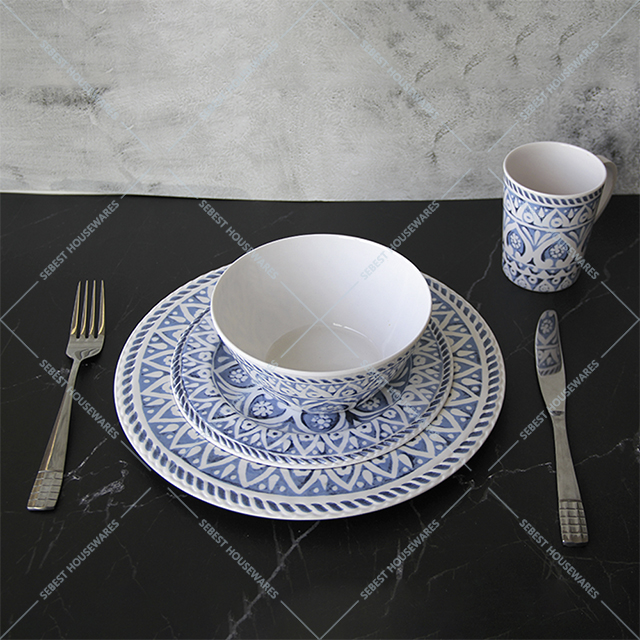 blue and white melamine dinnerware