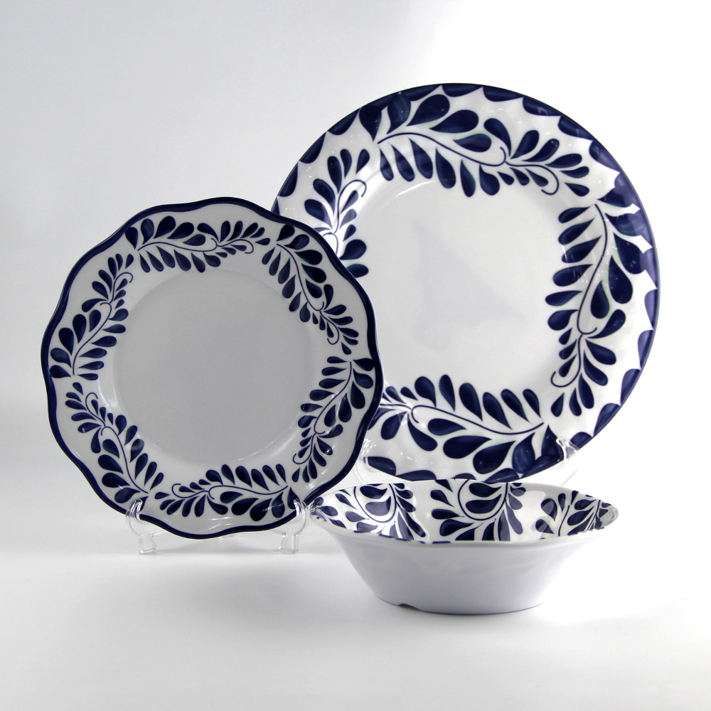 blue and white melamine dinnerware