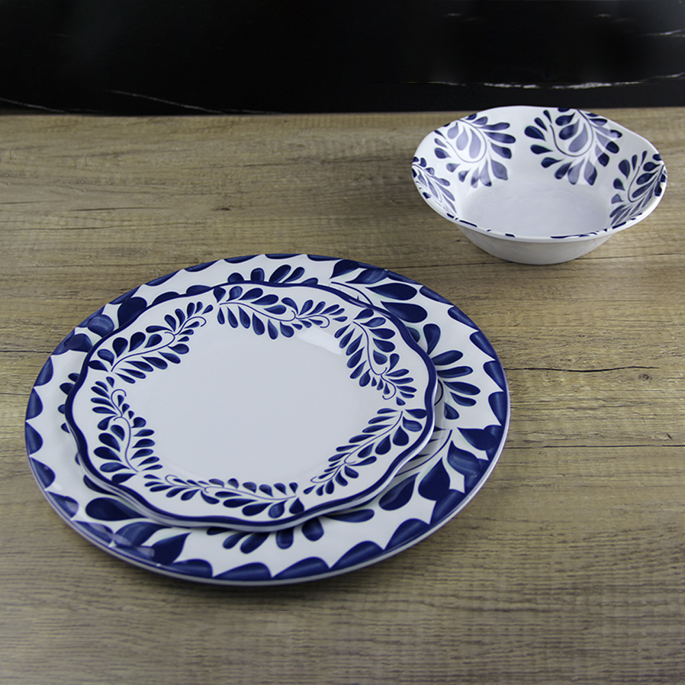 blue and white melamine plates