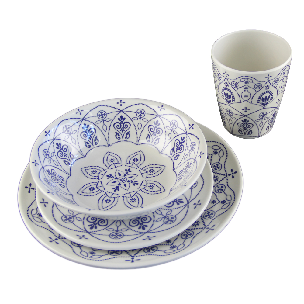 blue and white melamine dinnerware