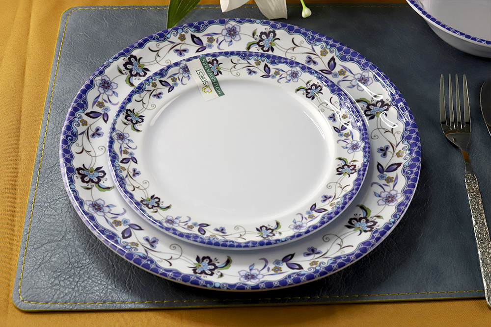 blue and white melamine