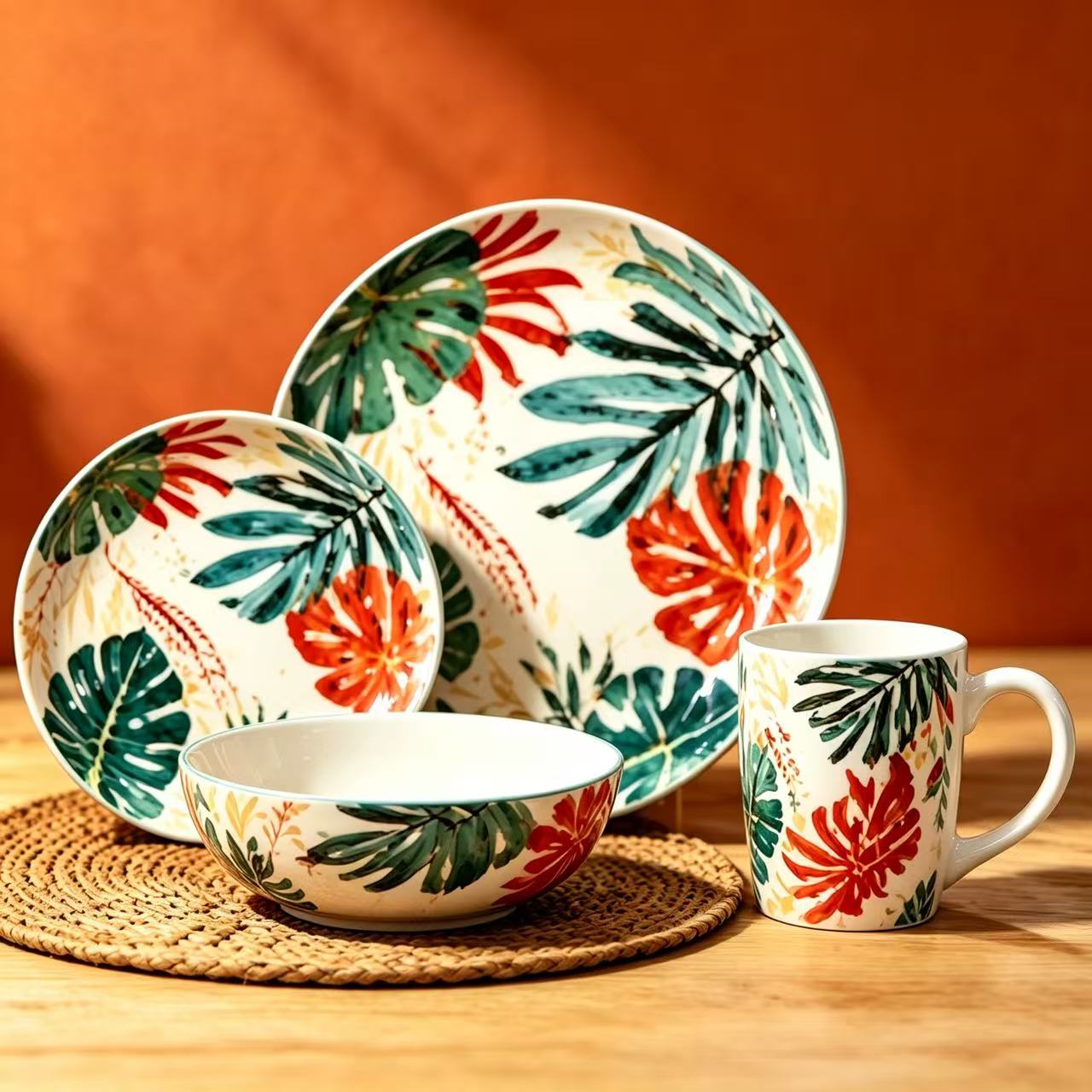 Tropical Leaf 16pcs Melamine Tableware Set