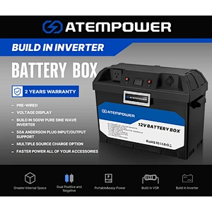 ATEM POWER Built-in 500W Invert Dc to Ac 110-240V Waterproof 12V Camping Portable Battery Box