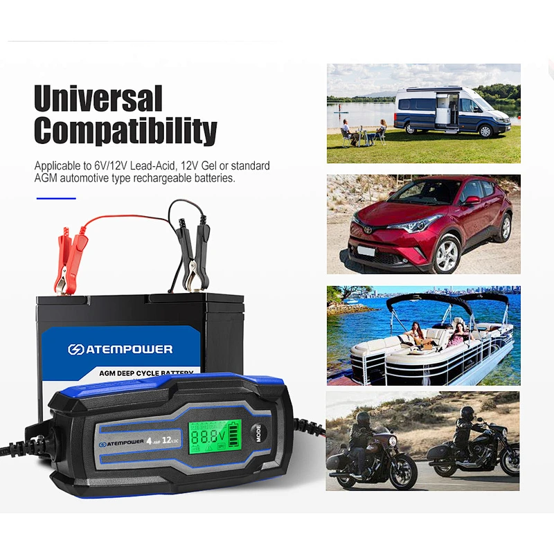 ATEM POWER 4A 6V/12V Automatic SLA AGM Car Truck Boat Motorcycle Smart Battery Charger