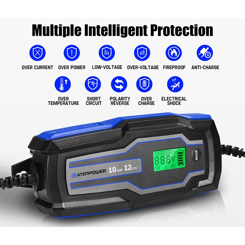 ATEM POWER 10A 6V/12V Automatic AGM GEL Car Truck Boat Motorcycle Smart Battery Charger