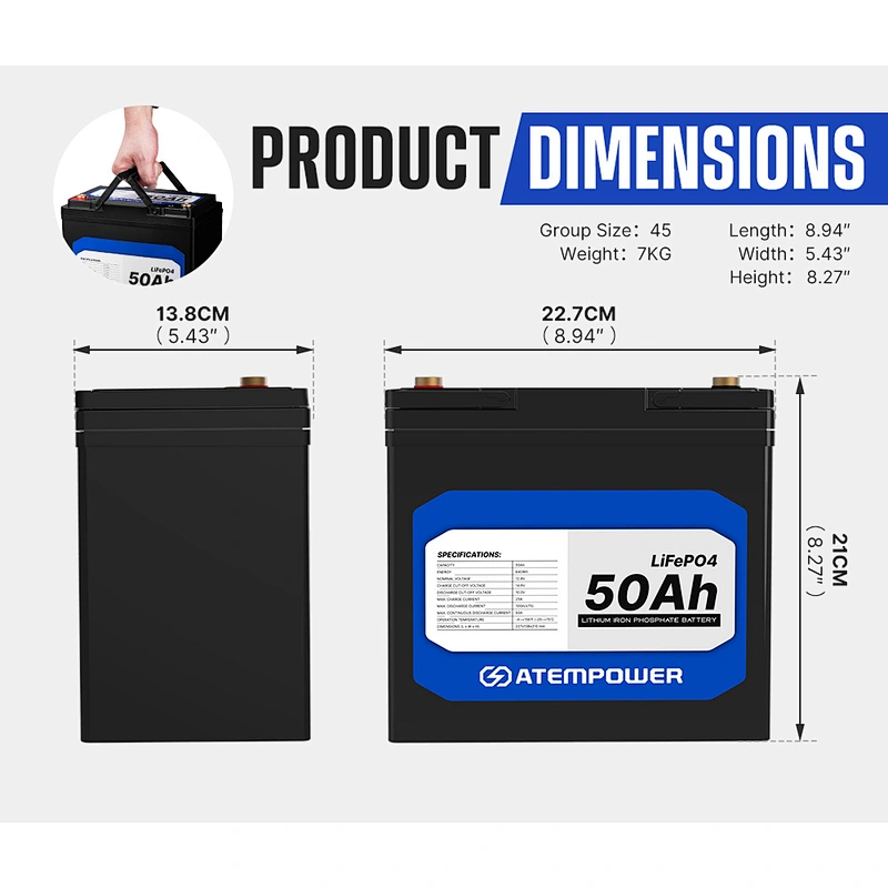 ATEM POWER Deep Cycle Marine 4WD 50Ah 12V LiFePO4 Lithium Battery