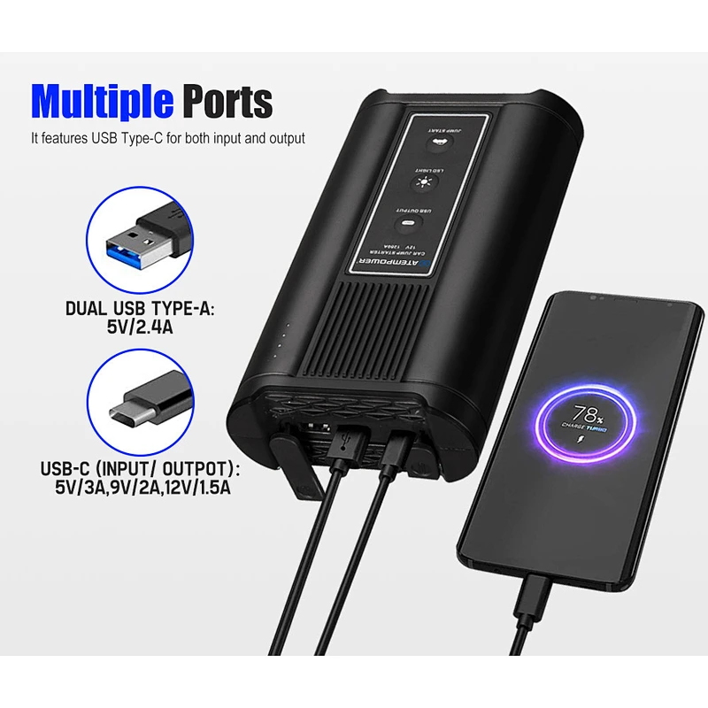 ATEM POWER 12V 16000mAh Portable Multi-functional Car Emergency Jump Starter