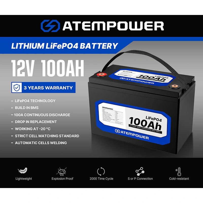 ATEM POWER Deep Cycle Marine RV 4WD 12V 100Ah LiFePO4 Lithium Battery