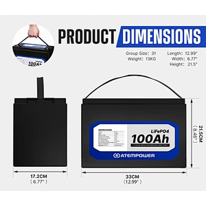 ATEM POWER Deep Cycle Marine RV 4WD 12V 100Ah LiFePO4 Lithium Battery