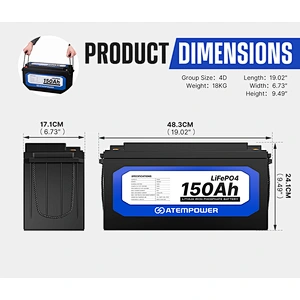 ATEM POWER Lightweight Deep Cycle BMS Safety 4WD 12V 150Ah LiFePO4 Lithium Iron Phosphate Battery