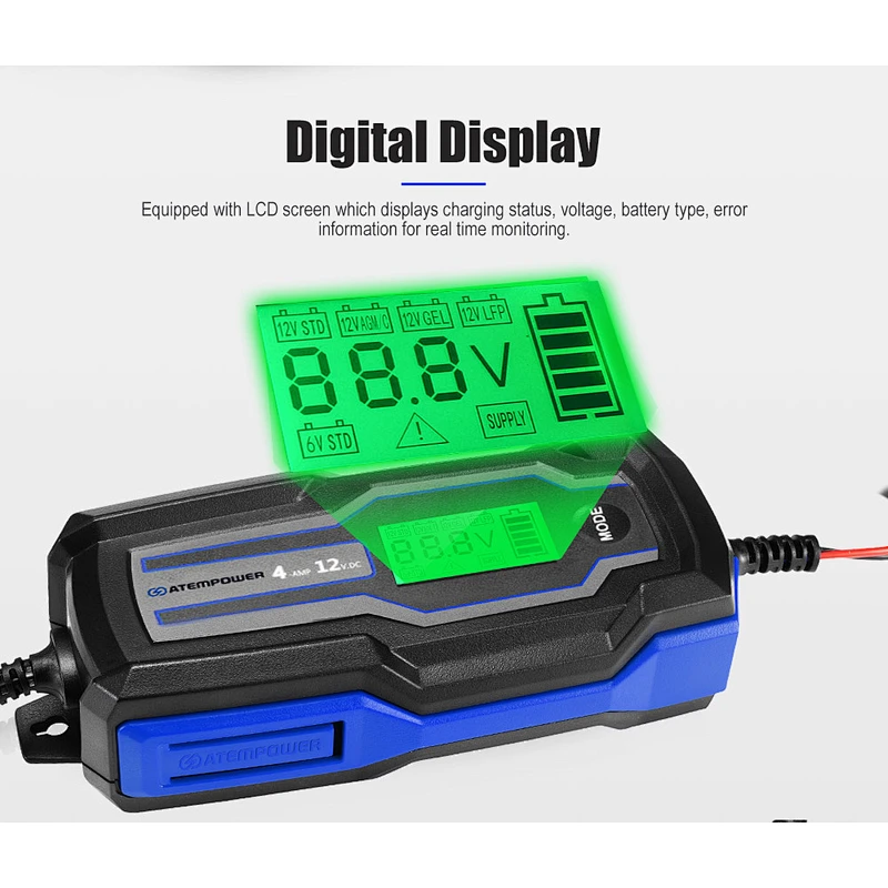 ATEM POWER 4A 6V/12V Automatic SLA AGM Car Truck Boat Motorcycle Smart Battery Charger