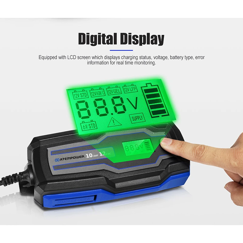 ATEM POWER 10A 6V/12V Automatic AGM GEL Car Truck Boat Motorcycle Smart Battery Charger