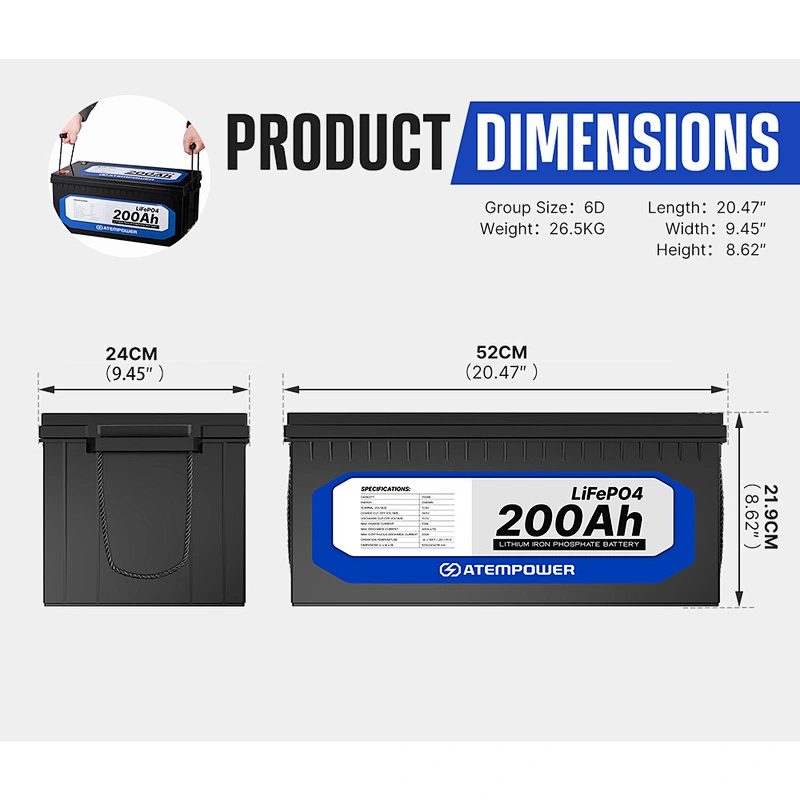 ATEM POWER Deep Cycle Marine 4WD Portable 12V 200Ah LiFePO4 Lithium Battery