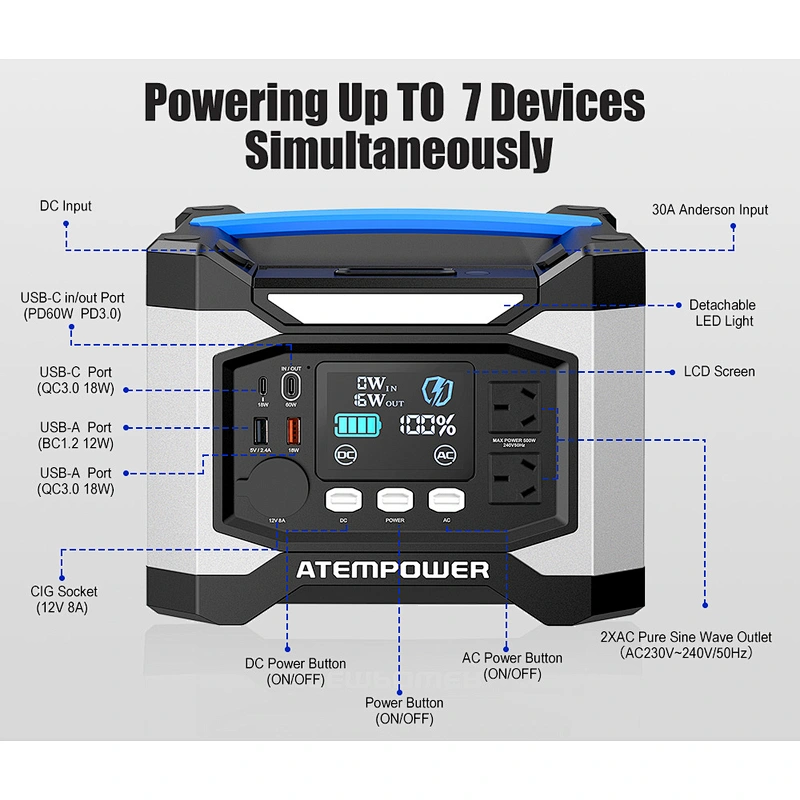 ATEM POWER 110V 220V 500W Outdoor Camping Battery Charger Portable Power Station