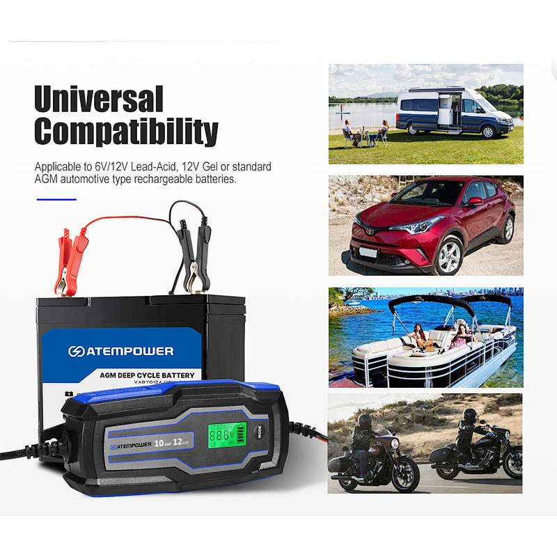 ATEM POWER 10A 6V/12V Automatic AGM GEL Car Truck Boat Motorcycle Smart Battery Charger
